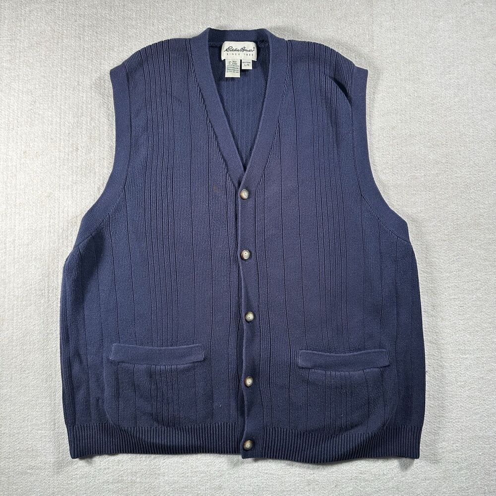 Vintage Eddie Bauer Sweater Vest Mens Large Navy Cardigan Cable Knit Fisherman - Picture 1 of 10